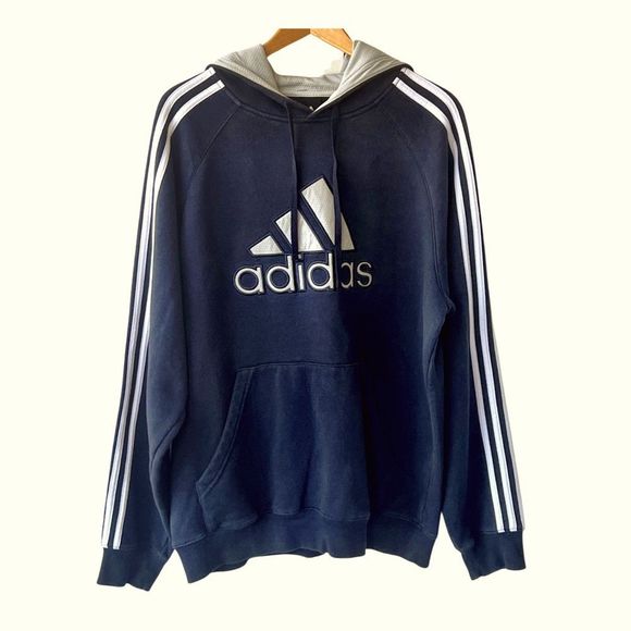 Adidas Men’s ‘3-Stripe’ Pullover Hoodie. Dark Blue, White. Large - Picture 9 of 10